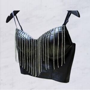 Black Faux Leather Rhinestone Bustier Size Small